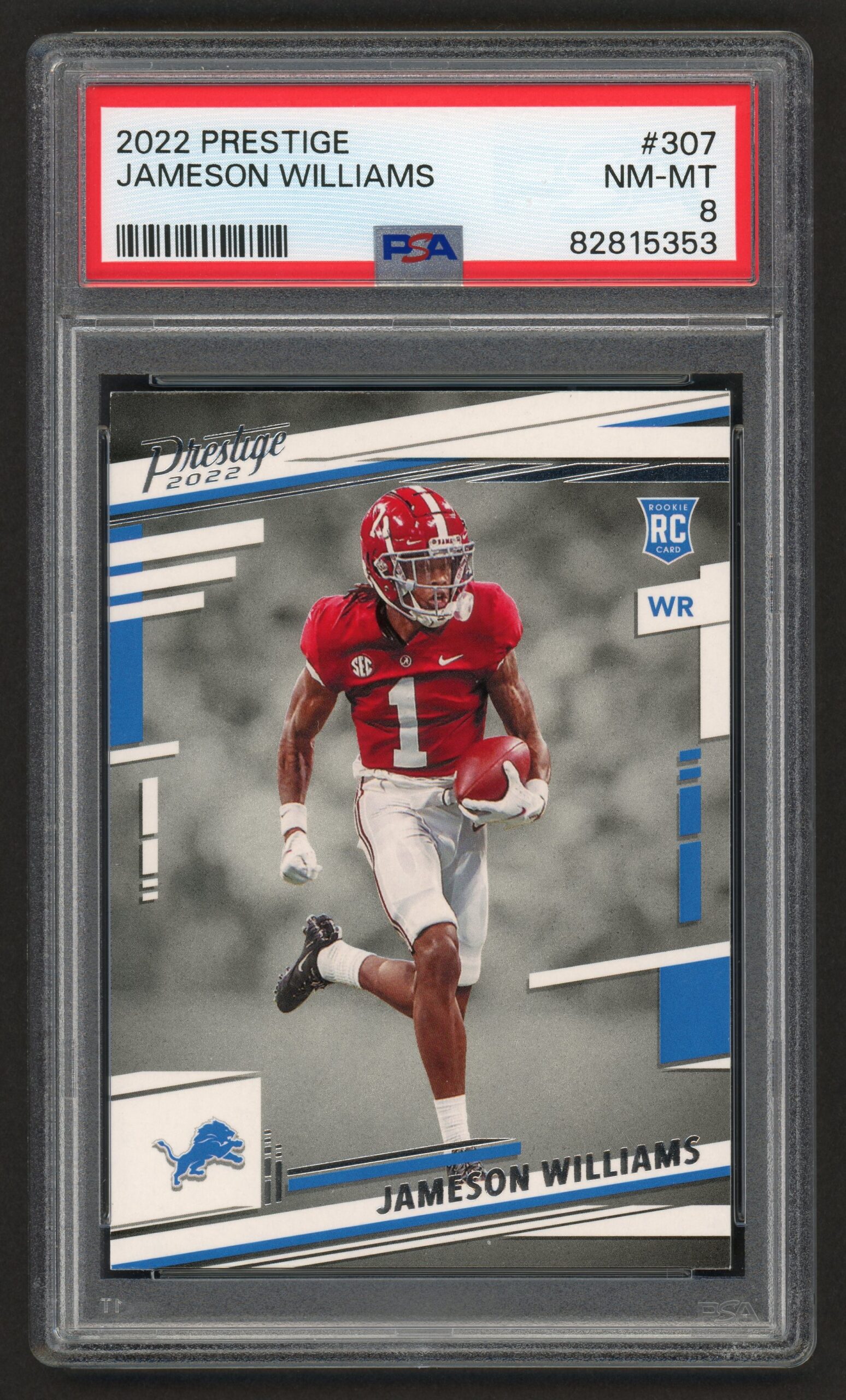 2022 PANINI PRESTIGE JAMESON WILLIAMS #307 DETROIT LIONS ROOKIE RC ALABAMA JERSEY- PSA 8 NEAR MINT-MINT