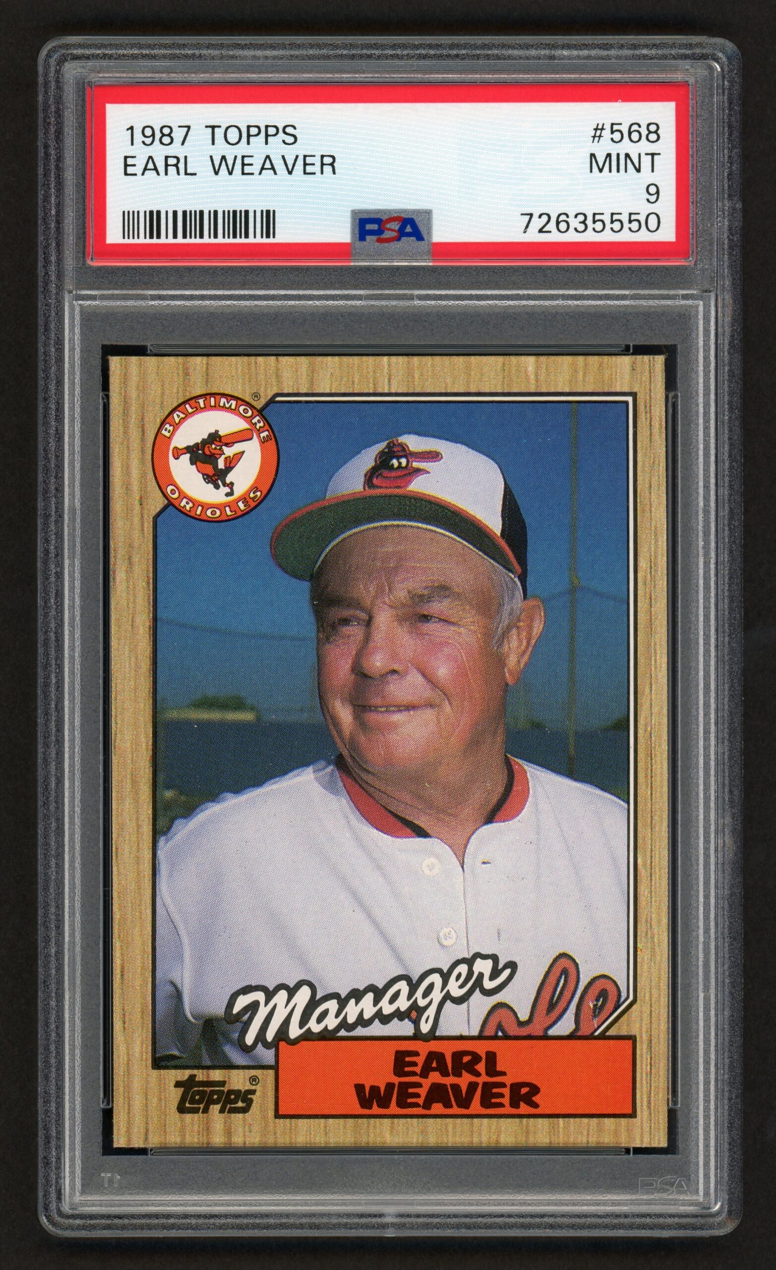 1987 TOPPS EARL WEAVER #568 BALTIMORE ORIOLES MANAGER HOF PSA 9 MINT